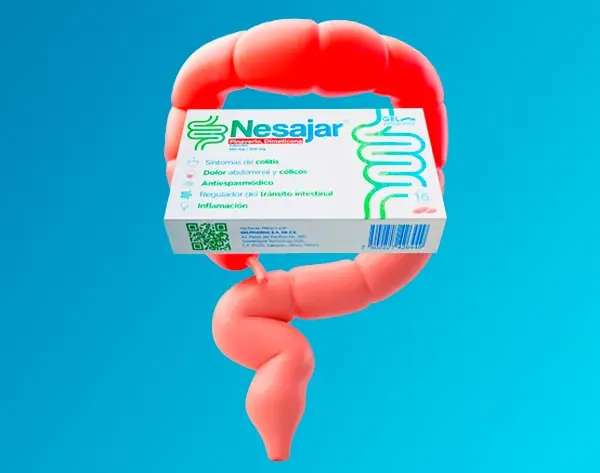 Efectos Secuandarios de Nesajar, se ve un intestino y en el interior la caja de cápsulas de nesajar